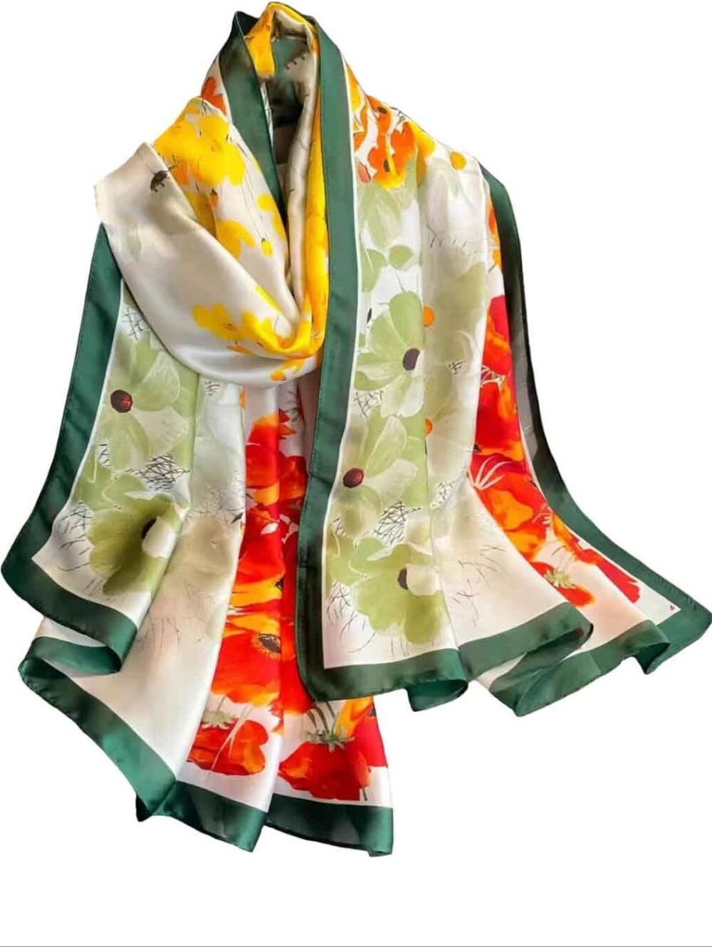 Women's Floral Silk-Feel Scarf in Green, Red & Yellow